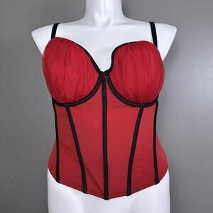 Cacique Bustier Corset Top Size 22/24 Red Black Boned Ruched Underwire Bra